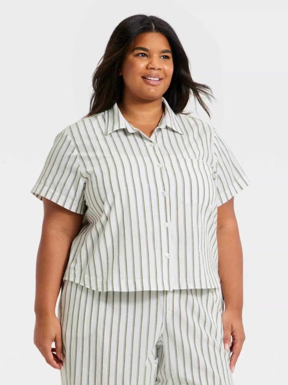 Women's Striped Cotton Blend Long Sleeve Pajama Shirt - Auden™ Olive Green/White